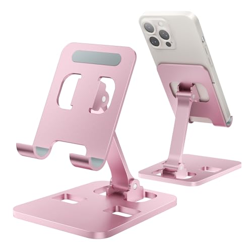 Anifrim デュアルフォールディング携帯電話ホルダー、耐久性のあるアルミニウム合金製、コンパクトで軽量、デスク、ゲーム、動画視聴に最適なポータブル携帯電話スタンド、すべてのスマートフォンに対応 - ピンク