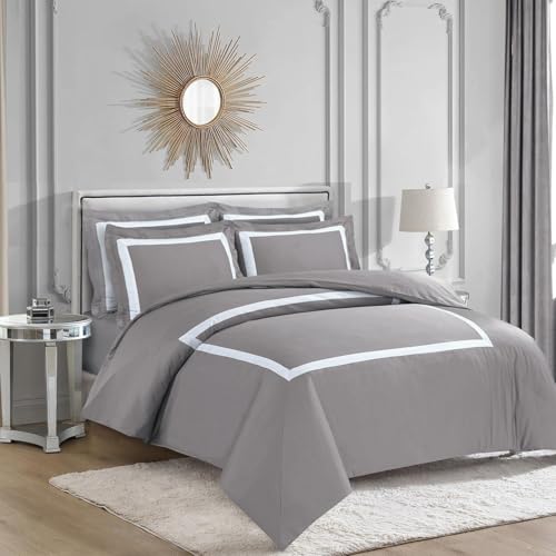 Majestic Giftware Madison Linen 8-Piece Full Size Duvet Bedding Set (BL1-F-3) | Province Hotel Collection-Taupe-White Tape 400 TC Cotton Sateen | 2 Fitted Sheets, 2 Duvets, 4 Pillowcases