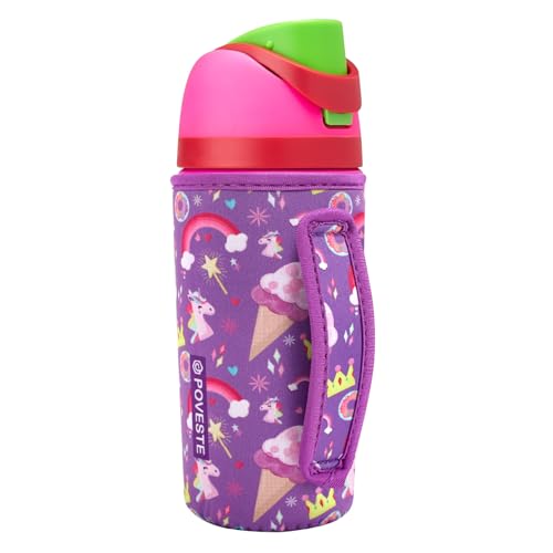 Image of Water Bottle Sleeve with Handle for Owala Kids FreeSip 16 oz, Water Bottle Scratch Resistant Sleeve, Neoprene Cover Compatible with Owala 16 oz for Boys Girls to School Travel (Purple Unicorn)