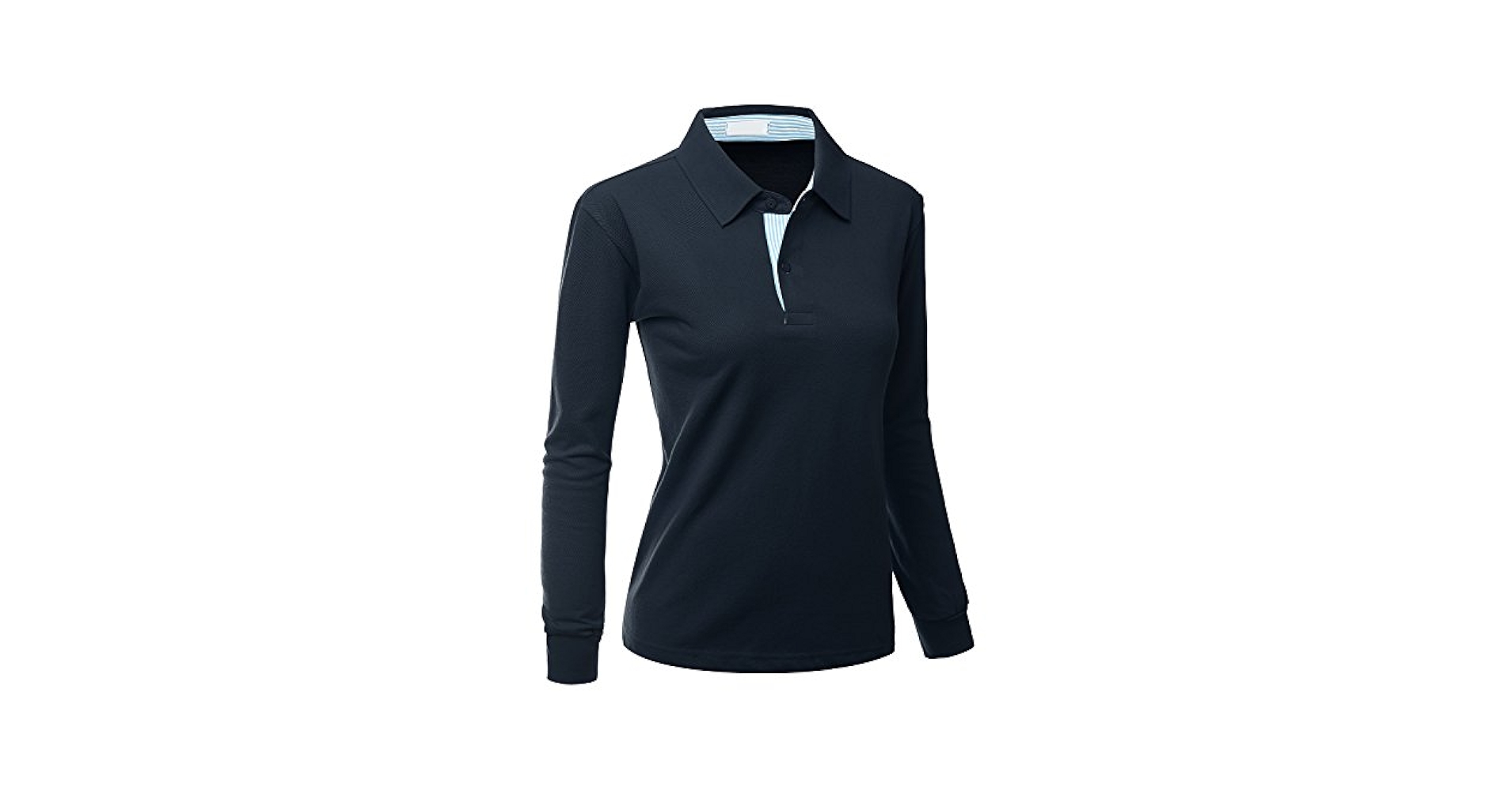 Casual 100% Cotton Long Sleeves 2-Tone Collar Polo Top Aqua