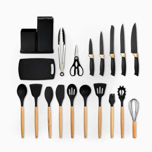 Kit Utensílios De Cozinha Silicone Cabo De Madeira Antiaderente Premium Conjunto 19 Peças Preto Inox
