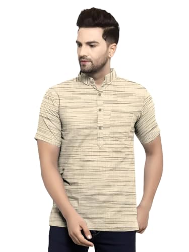 Image of Khadie Cotton Blend Solid Casual Regular Fit Mandarin /Chinese Collor Short Kurta for Men