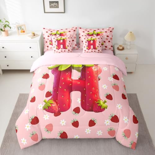 Image of Feelyou Girls Strawberry Full Comforter Set with Sheets for Kids Boys Girls Pink Strawberry 7 Pieces Bedding Set Initial Letter H Bed in a Bag Room Decor Soft Lightweight Microfiber