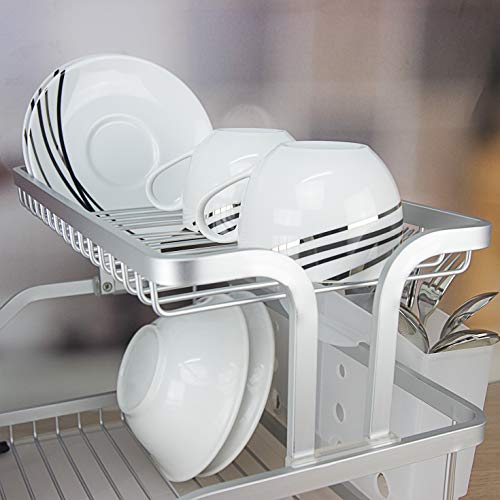 Evelyne GMT-10219 Kitchen Aluminum Frame Tier Dish Drying Counter Top Rack With Utensils Holder