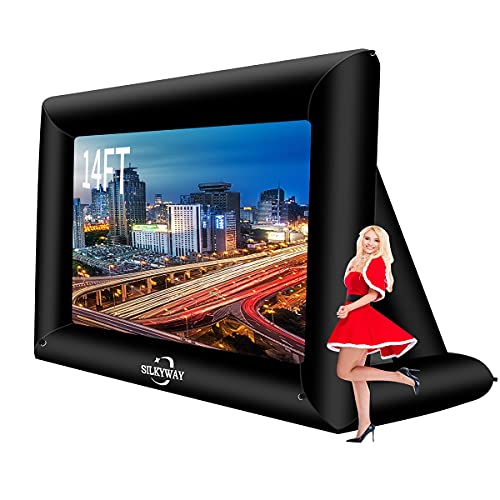 14FT Inflatable Outdoor Movie Projector Screen,Outside Blow Up Movies Projector Screen Portable Theater Screen for Backyard Supports Front and Rear Projection with Built in Fan and Storage Bag