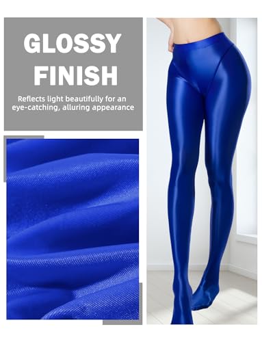 Image of FEOYA Women's Open Crotch Oil Shiny Pantyhose High Waist Control Top Silky Oily Crotchless Footed Tights Stockings