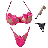 OLYOLY【4点セット】 超極小 マイクロ ビキニ ブラジリアン 過激 濡れ透け セクシー ランジェリー 水着 下着 レディース 穴あき Tバック ニーハイ (04 ピンク)