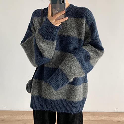 Women Vintage Striped Sweater Knitted Long Sleeve Loose Oversized Pullover Jumper Tops Blue #TOP5