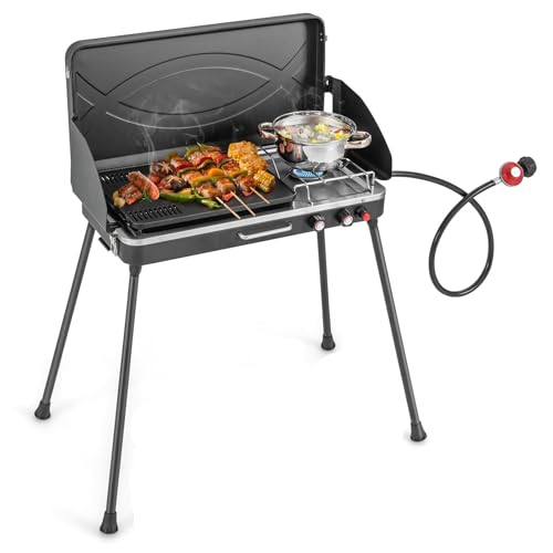 CLEEMAN 2-Burner Gas Camping Stove, Portable BBQ Grill with Detachable Legs, Roast Grill & 3-Sided Wind Screen, 22,000 Total BTUs of Power, Outdoor Propane Burner Grill Stove for Picnic (Black)