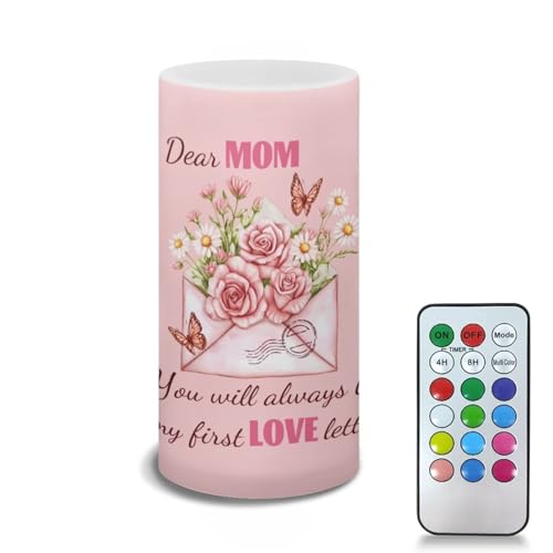 Poceacles Mother's Day Decor Flickering Flameless LED Battery Candles Pillar Candles Tealight for Mother Mom, Rose Daisy Butterfly, Dear Mom You Will Always Be My First Love Letter Print