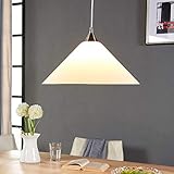 Atmosphäre pur: Genießen Sie atmosphärisches, blendfreies Licht und umwerfendes Design mit dieser Glas Pendellampe mit hochwertigem Milchglas Schirm. Maße der Lampe: 40 cm Durchmesser, Höhe: 17 cm, Abhängung: 150 cm.