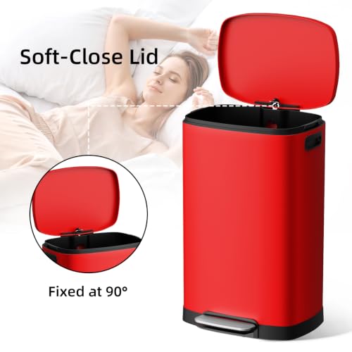 Image of KUK 13 Gallon Kitchen Trash Can with Lid, 50L /13Gal Office Step Garbage Can for Home, Kitchen, Laundry Room, Office, Brushed Stainless Steel, Red