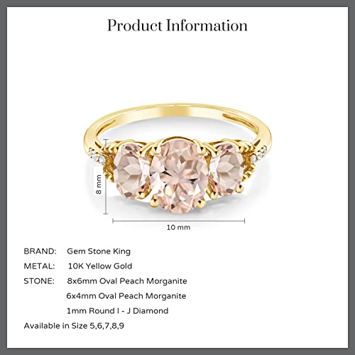 Gem Stone King 2.04 Cttw 10K Yellow Gold Peach Morganite and Accent Diamond 3-Stone Engagement Ring | 3 Stone Wedding Anniversary Promise Gold Ring For Women | Available In Size 5, 6, 7, 8, 94