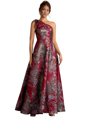Image of Women's One-Shoulder Wedding Guest Dress A-Line Princess Ball Gown Jacquard Evening Gown Floral Brocade Prom Dress