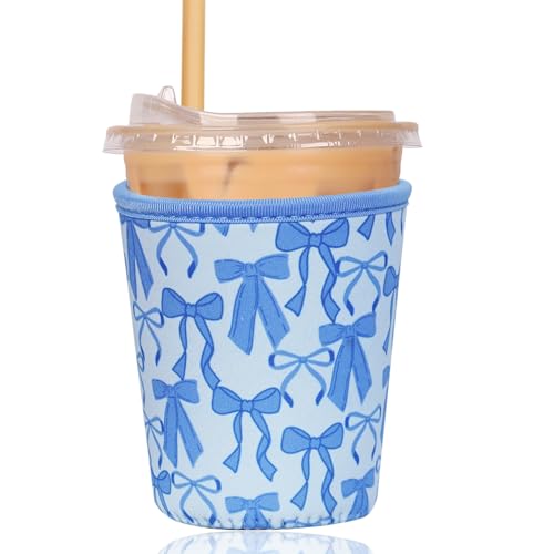 Image of Reusable Insulated Sleeve for Iced Coffee Cup, Coffee Neoprene Sleeve for Cold & Hot Drinks, Beverage Holder for Iced Coffee (Blue Bows, Small: 16-18oz)