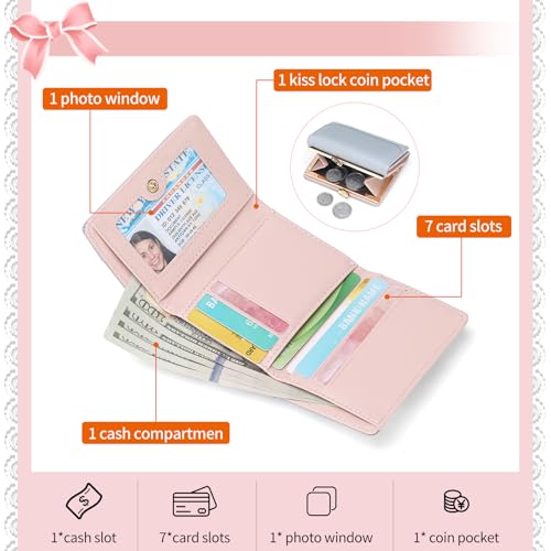 Small Genuine Leather Wallet for Women Bifold RFID Blocking Cute Compact with Coin Pocket (Blue)3