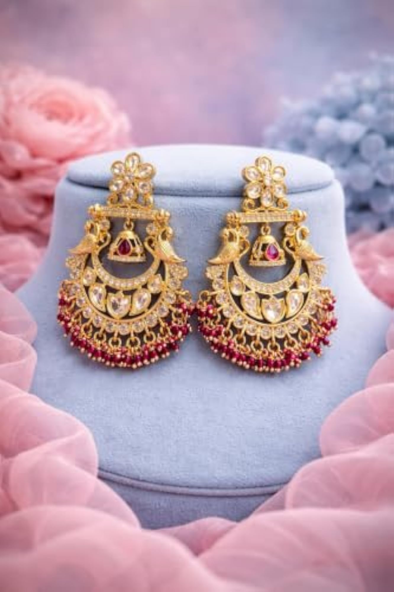 Kundan Chandbali Jhumka Earrings Gold Plated with Red Beads