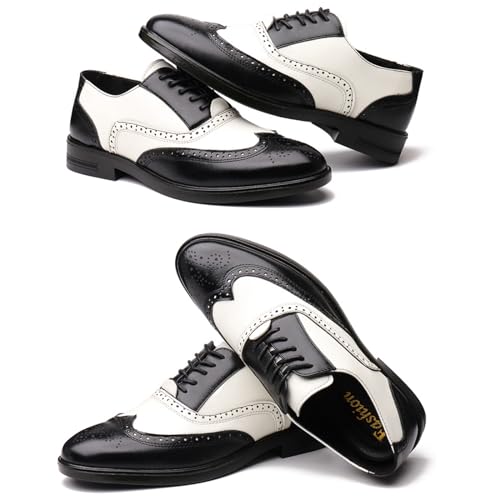 Men's Wingtip Patchwork Two Tone Brogue Oxfords Shoes Fashion Hand Stitched Round-Toe Lace up Low Top Leather Dress Shoes Comfortable Casual Business Formal Derby Shoes4