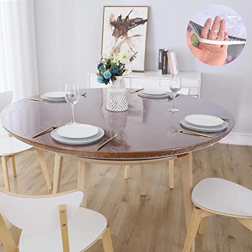 Clear Fitted Vinyl Tablecloth Round Waterproof Oilcloth Pvc Table Cover Elastic Edge Design Wipeable Plastic Table Cloth Protector For Dining Tabletop (Round Fits Table Up 45"-56" Diameter) #TOP5