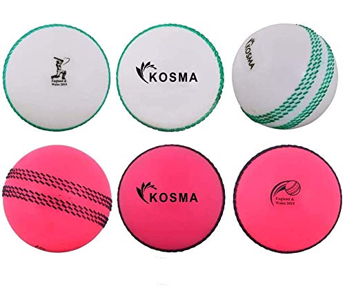 Kosma Windball Practice Cricket Ball | Soft Training Balls | Sports & Outdoors - Pack of 6 - Colour: 3Pc Pink with Black Seam & 3Pc White with Green Seam