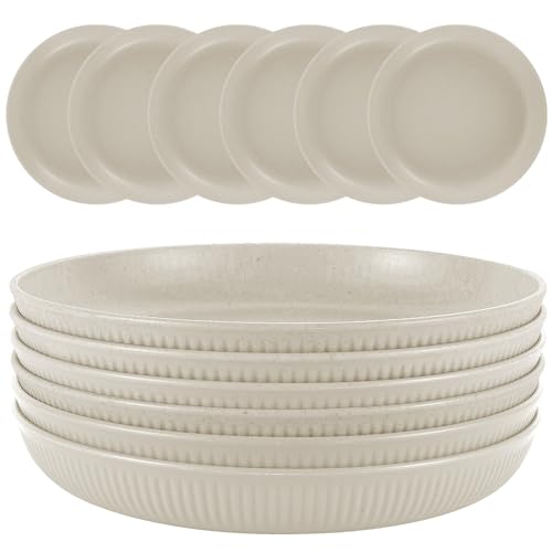 Dyserbuy 6pcs Unbreakable Dinnerware Set, Reusable Plastic Plates, Lightweight Camping & Picnic Plates for Salad, Pasta, Party, Home, Office, Microwave & Dishwasher Safe, Beige