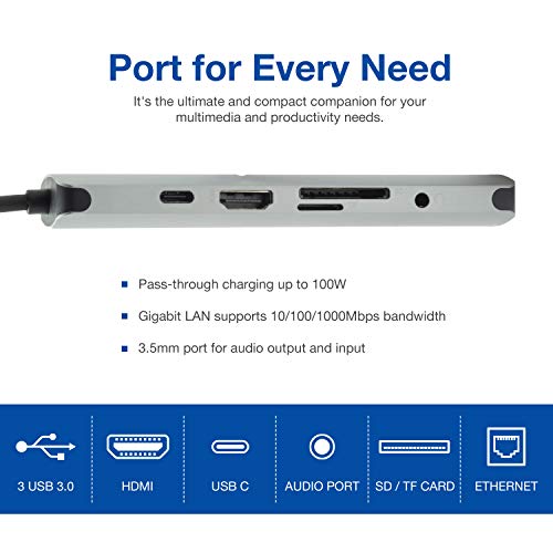 Image of Verbatim 9-in-1 USB C Hub Adapter with 4K HDMI, 100W Power Delivery, USB 3.0, SD Card Readers, Gigabit LAN, 3.5mm Port for USB C Laptops