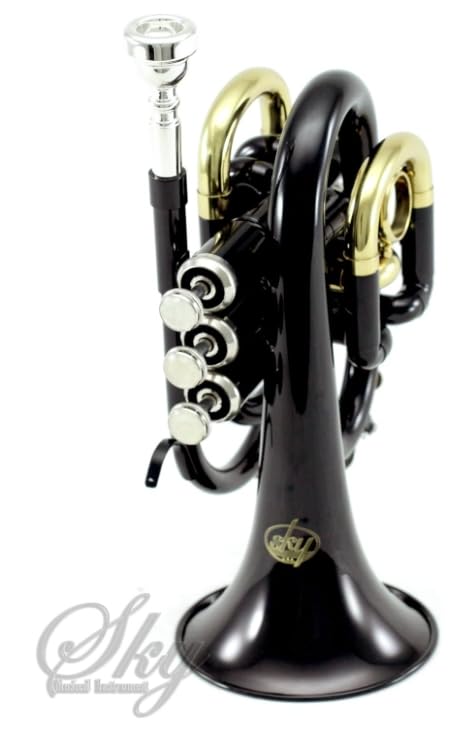 Sky Band Approved Brass Bb Pocket Trumpet with Case, Cloth, Gloves and Valve Oil (Black)