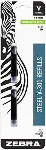 Zebra Pen Zebra V-301 Stainless Steel Fountain Pen Refill Cartridge, Blue Ink, 2-Count