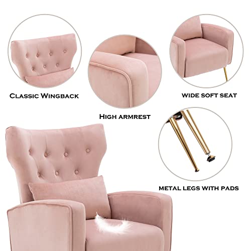 Chairus 2 Sets Velvet Accent Chairs With Ottomans & Pillow, Modern Comfy Living Room Club Chair And Ottoman Sets With Button Tufted Wingback And Golden Legs Reading Armchair For Bedroom Dorms, Pink #TOP1