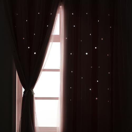 Image of Light Pink Curtains Drapes Blackout Nursery 45 Inch Length Cute Star Cutout | Girls Room Darkening Double Layer Curtain Tulle Lace 2 Panels Thermal Insulate Bedroom Short Window Treatments Cortinas Blush