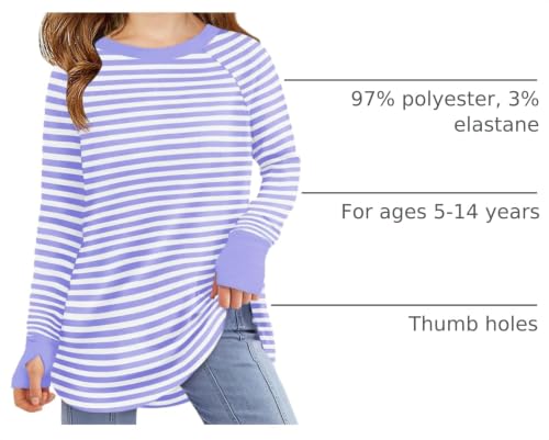 Image of Haloumoning Girls Striped Long Sleeve Shirts 5-14 Years | Thumb Hole, Crewneck, girls tops,Tunic Tops, Curved Hem Tees