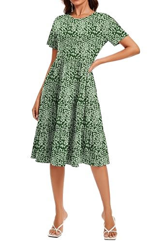 Image of Womens Summer Short Sleeve Crew Neck Midi Dress 2026 Casual Fit Flowy Tiered Beach Vacation Sundress with Pockets