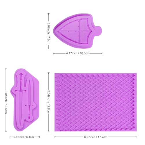 Medieval Fantasy Silicone Molds Set, 3-Pieces Shield Sword Scale Pattern Fondant Chocolate Molds for Cake Decorating Kit Cupcake Topper Resin Polymer Clay Crafts by Infovox - Image 2