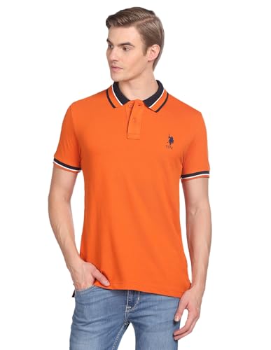 Image of U.S. POLO ASSN. Solid Slim Fit Cotton Polo T Shirt for Men - Breathable, Half Sleeves Mens Tshirt - 5XL, Orange