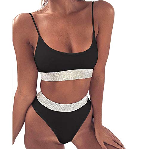 WEIHUIMEI 1 Set Von Bandeau für Damen mit Binikaden Set Badeanzug Hohe Taille Badanzug Triángulo Bikini BadTraje de baño, Negro, Small
