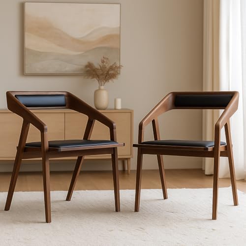 Image of Furniture Solid Wooden Modern Dining Chair with Arms, Upholstered Cushioned Seat, Walnut Finish seat Color Off (Black)