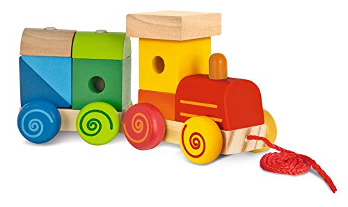 Eichhorn 100003453 Lok mit Sound, Anhänger mit Bausteinen, 17cm lang, Birke und Kiefernholz, WB, Try me,1J+, bunt