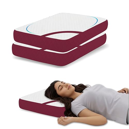Image of Shredded Memory Foam Pillow Set of 2, 66x38x12 cm Orthopedic Support for Neck Pain Relief, Breathable White and Maroon Jacquard Cover, Aligned Spine Bedding for Side and Back Sleeper