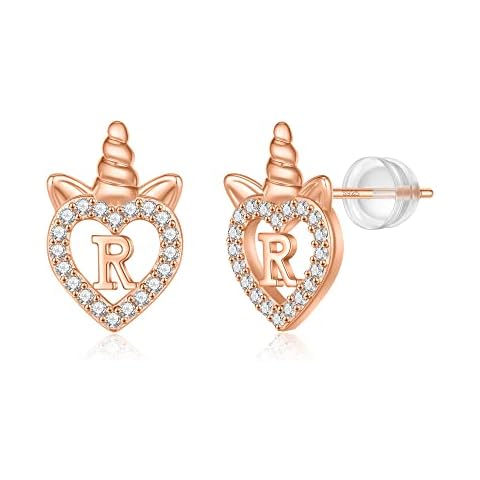Unicorns Gifts for Girls Earrings,S925 Sterling Silver Post Unicorn Earrings Rose Gold Plated Girls Earrings Initial R Earrings for Girls Teen Girls Unicorn Earrings for Girls Kids Little Girls Gifts Cover