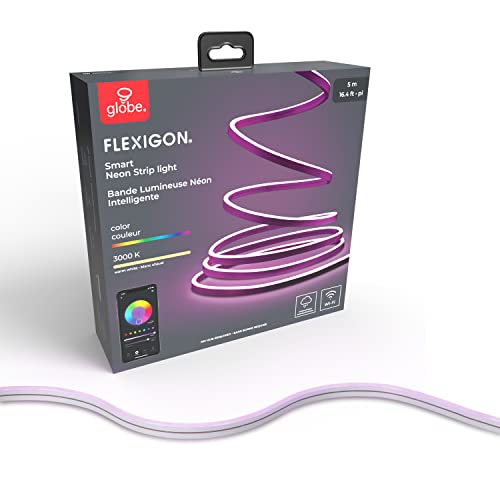 Globe Electric 50273 Wi-Fi Smart Flexigon Multicolor Changing RGB LED Plug-in Outdoor Indoor Neon Strip Light, No Hub Required, Voice Activated, 5 Meters/16.4 Feet, IP65 Rated, 3000 Kelvin