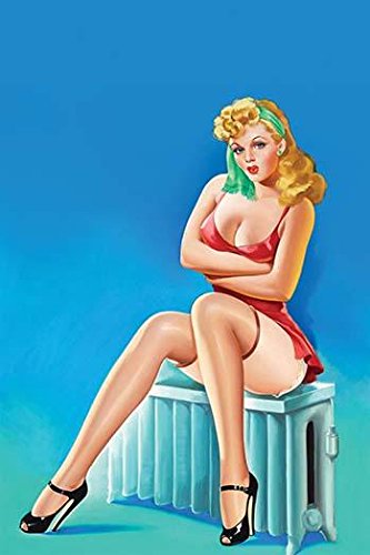 Beautiful Girl in High Heels & two piece suit sits on a radiator - she holds herself as she has the chills She wears black silk stockings with garter belt buttons Poster Print by Peter Driben (18 x 24