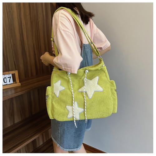 Image of Y2K Star Hobo Bag for Women - Corduroy Drawstring Crossbody Bag, Aesthetic Travel Shoulder Tote (Green)