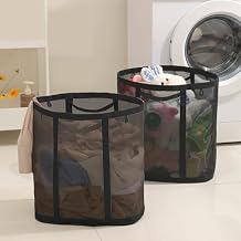 Mesh Bag with Handles, Collapsible Laundry Basket, Foldable Laundry Bag, Breathable Folding Beach Bag,Space-saving Travel Tote Bags 2, Black