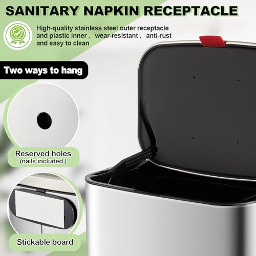 Image of Tioncy Sanitary Napkin Receptacle Wall Mounted Tampon Holder Feminine Hygiene Disposal Container with Removable Inner Bucket Stainless Steel Tampon Disposal Bin Trash Can for Bathroom Restroom Home