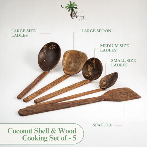 Image of Thenga Coconut Shell Cooking Utensils Spatula, Spoon & Ladles, Set of 5 | Smooth polished finish, safe for non-stick cookware and clay pots, ideal for stirring, serving and everyday cooking