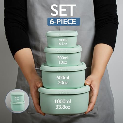 ISSEVE 6Pcs/Set Nesting Silicone Food Storage Containers with Lids, BPA Free Reusable Meal Prep Silicone Containers Lunch Box Bento Box Set (33.8oz, 20oz, 10oz, 6.7oz, 1.3oz) (Green) by ISSEVE - Image 3