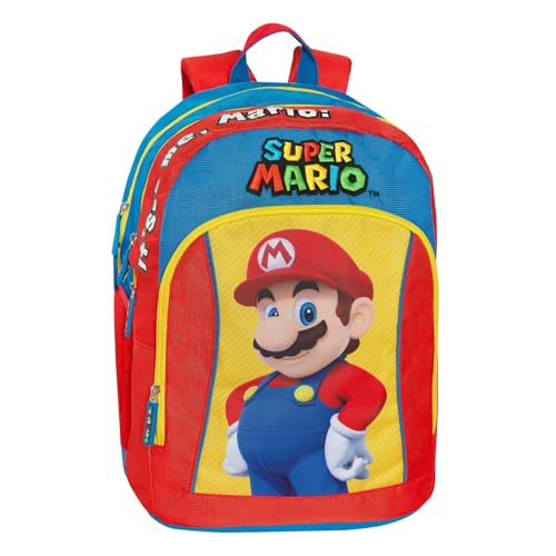 SUPER MARIO - Zaino Scuola Ufficiale Super Mario, con 2 Ampi Spazi Centrali, Capiente Tasca Frontale, Spallacci Regolabili e Imbottiti, Retro e Fondo Termoformati, 32x43Hx23cm, Blu e Rosso
