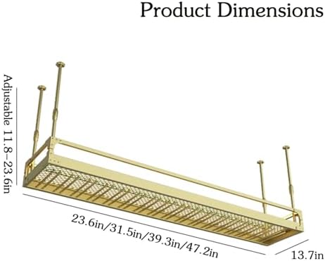 Ceiling Wine Glass Rack, Metal Adjustable Hanging Stemware Wine Rack with Guardrail, Stemwares Holder Glass Storage Hanger Organizer for Bar Cafe Kitchen(Gold,23.6in)