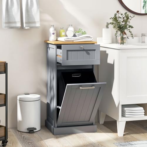 COSTWAY Laundry Cabinet, Tilt Out Laundry Hamper Bathroom Storage Cabinet with Drawer & Removable Clothes Bin, Freestanding Wooden Laundry Basket Dirty Clothes Chest Organiser Unit, 40x37x82cm (Grey) - Image 8