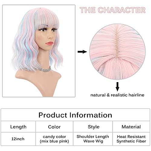 FAELBATY Mix Pink Wave Bob Wigs With Bangs Synthetic Cosplay Wig for Girl Shoulder Length Wig for Women Costume Wigs Candy Color(12" Mixed Blue Pink) by FAELBATY - Image 2